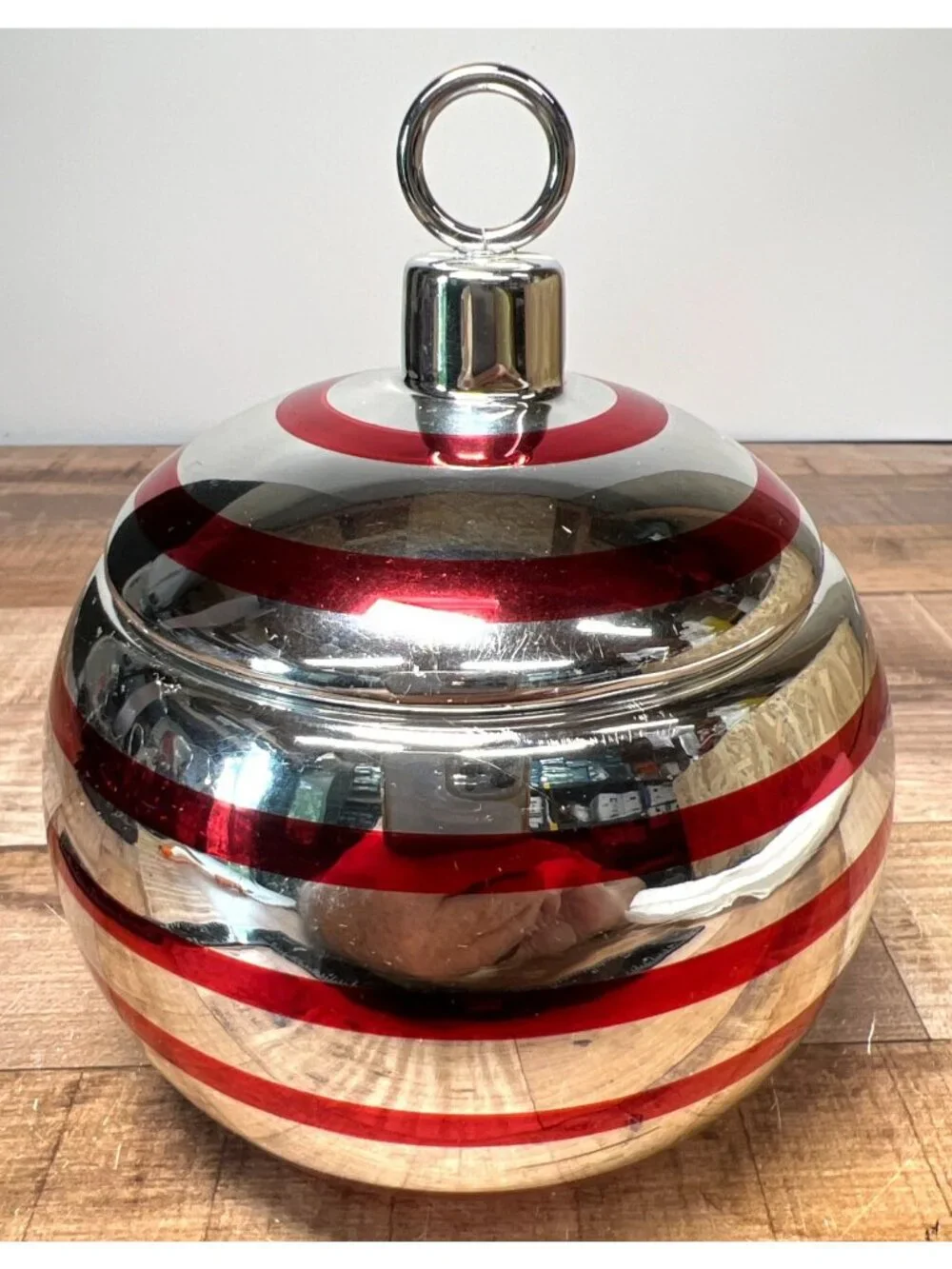 Decorative Striped Glass Candle Jar With Metallic Lid & Ornate Topper